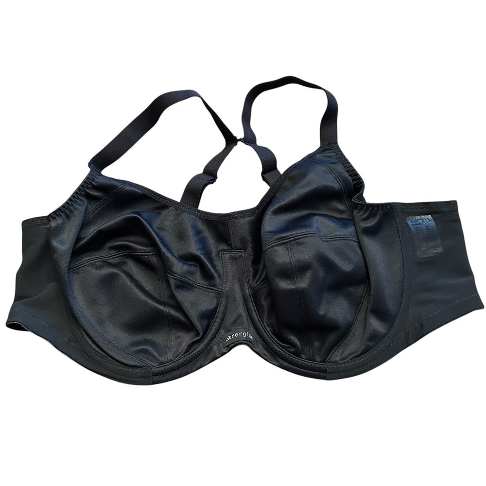 Energise Bra Elomi Size US 44D Black Satin Unlined Underwire Sports Bra J-Hook